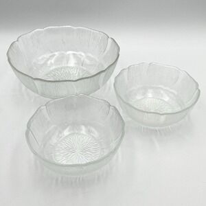 Vintage Arcoroc Fleur Clear Glass Textured Serving Bowl Dessert Set 3 France